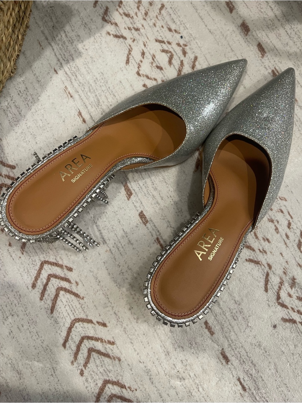 AREA Silver Glitter Pointed Mule with Crystal-Embellished Block Heel - Picture 4 of 6